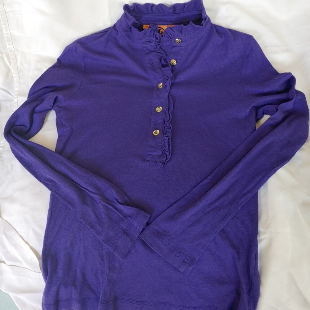 US$125 Tory Burch Lidia Long Sleeve Ruffle Polo Shirt Top Blouse Size S EUC Peru
